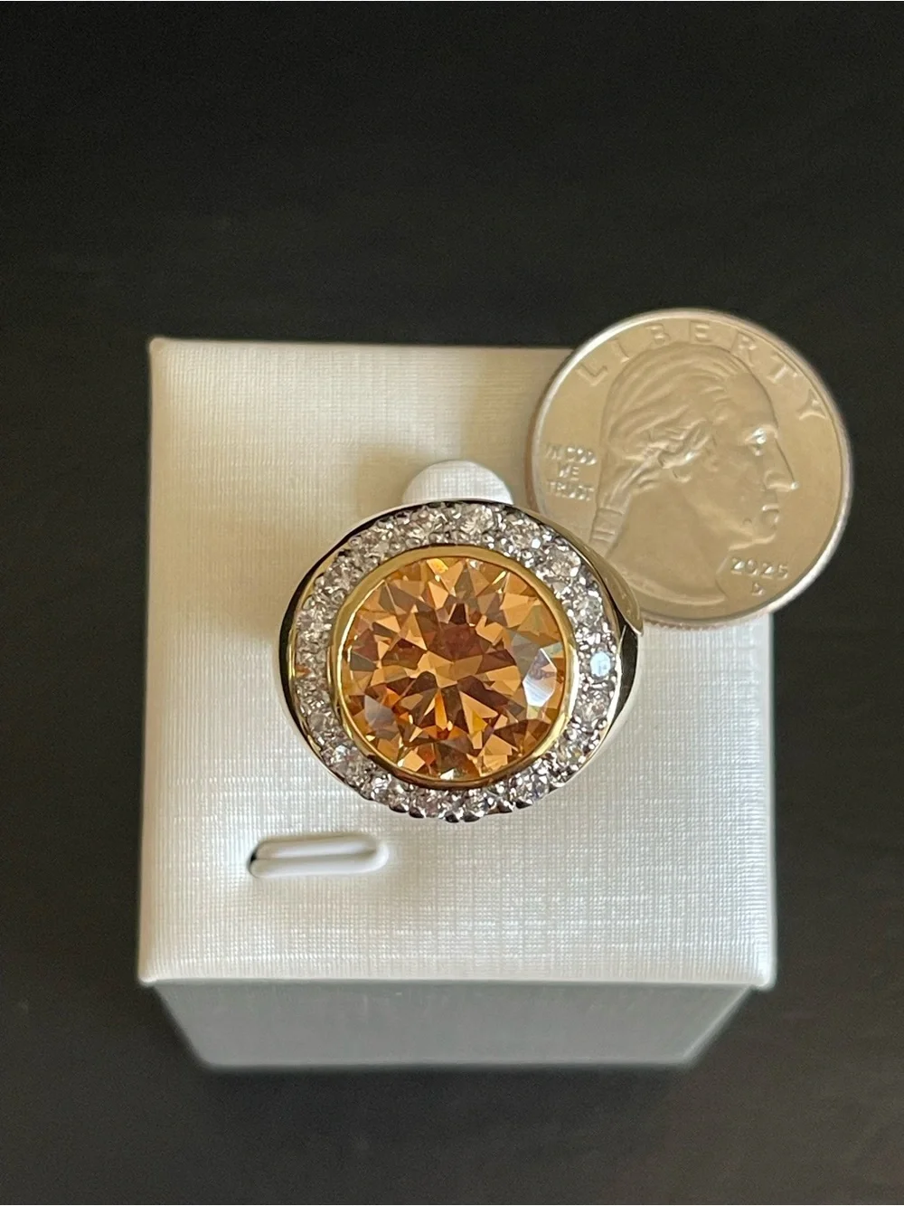 New Sparkling Citrine yellow crystal Halo Ring.